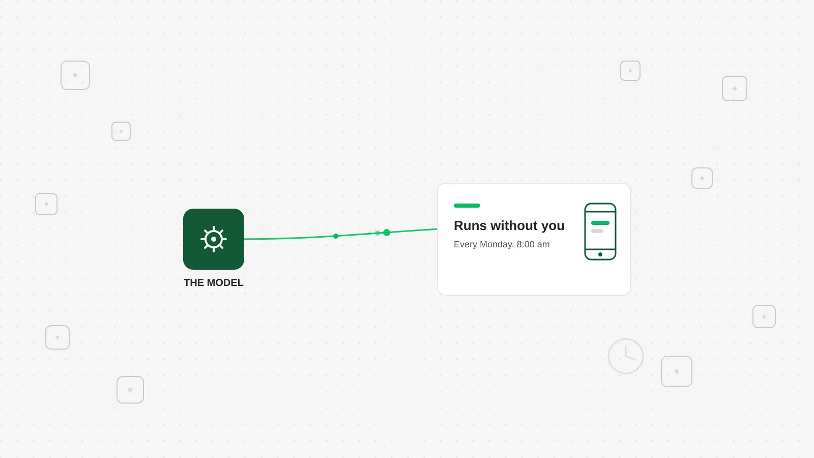 A single dark green node labeled with a small gear icon, connected by a bright green line to a white destination card, while a scatter of disconnected gray nodes sits unconnected in the background, on a light dot grid background