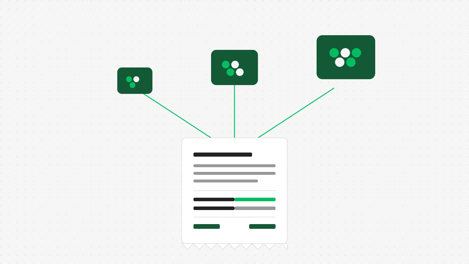 A white receipt-shaped card in the center, connected by three thin lines to three small tagged nodes of increasing size, each showing a stack of coins, on a light dot grid background