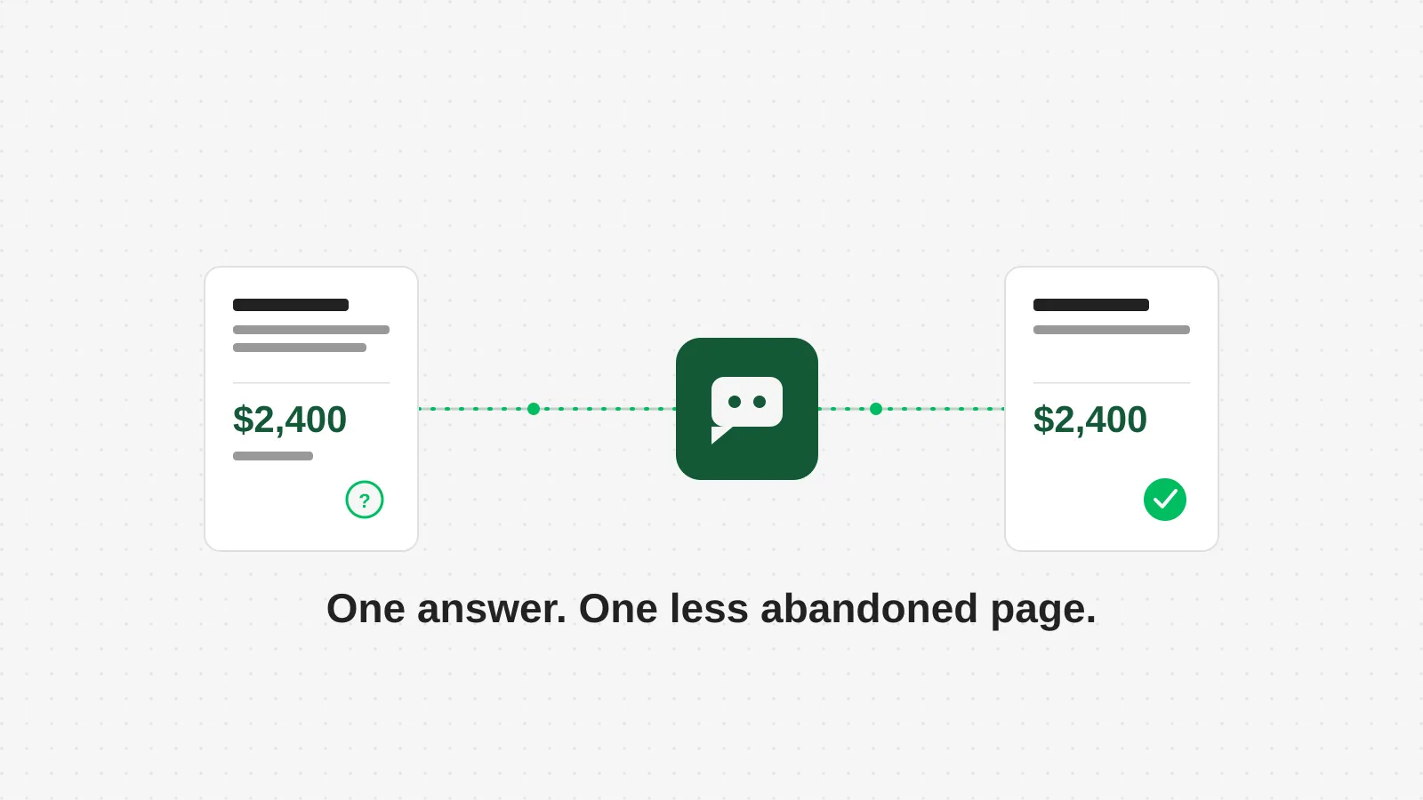 A shopping cart icon and a chat bubble connected by a dotted line to a storefront card, in the site's dot grid and rounded card style