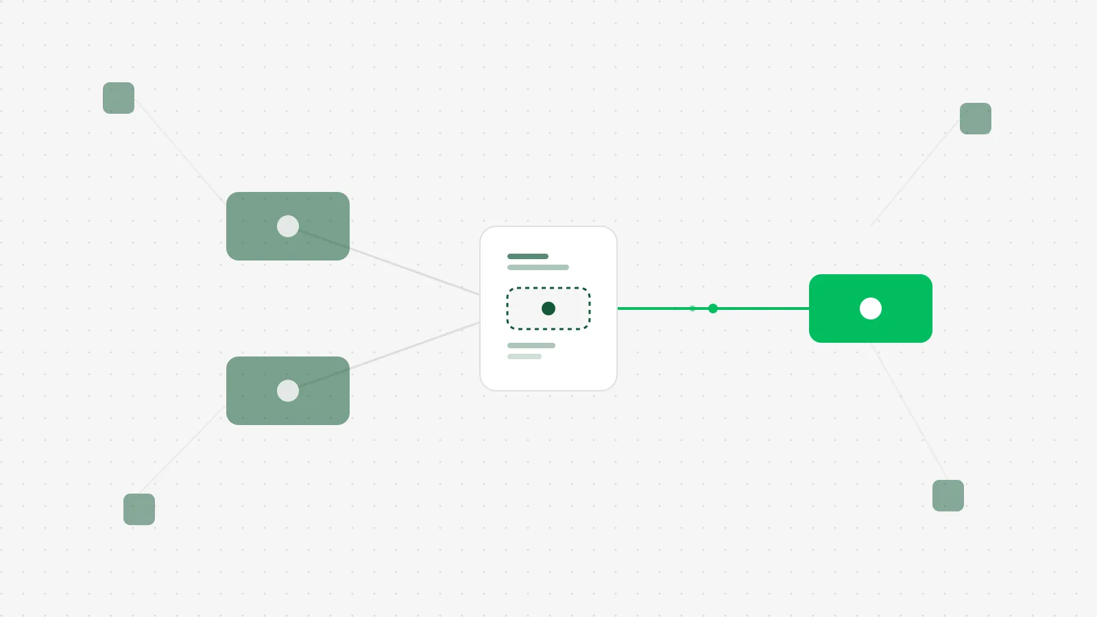 A white rounded card labeled with a plug socket in the center, three small dark green modules nearby with one bright green module connected in mid-swap by a short pulse line, on a light dot grid background